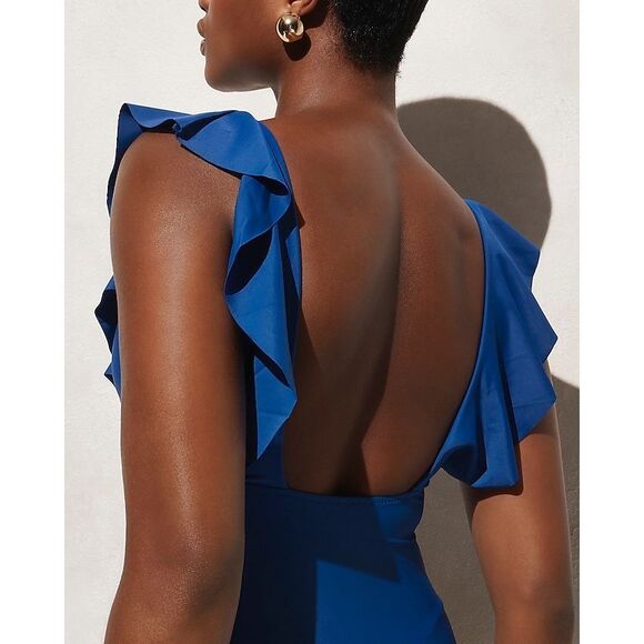 NWT J. Crew Ruched Ruffle One-piece Swimsuit Beach Vacation Summer Blue 24 Plus - Picture 2 of 3